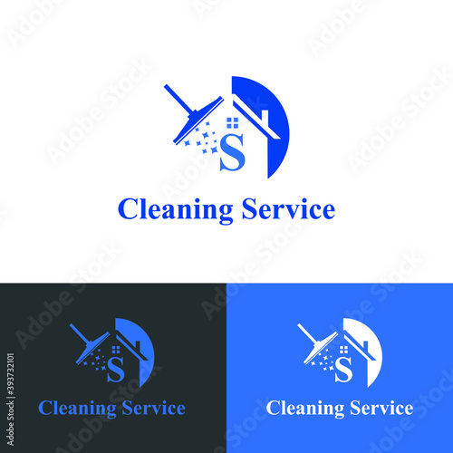 House Cleaning Service with Initial S Letter, broom and shiny icon Concept Logo Design Template. Home maintenance business 