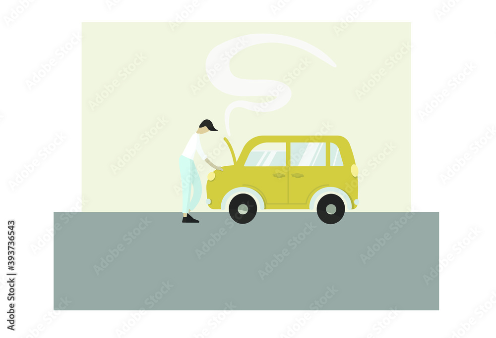 vector flat character with a broken yellow car with smoke coming out of it vector flat character with a broken yellow car with smoke coming out of it