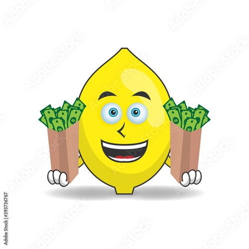 Lemon mascot character holding money. vector illustration