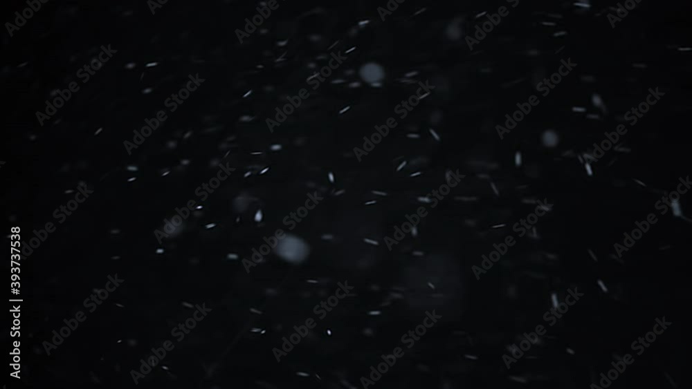 Real falling snow isolated on black background for composing, snowflakes bokeh falling during in snowstorm, snowing footage. Winter background. 4K video, winter, selective focus, blur