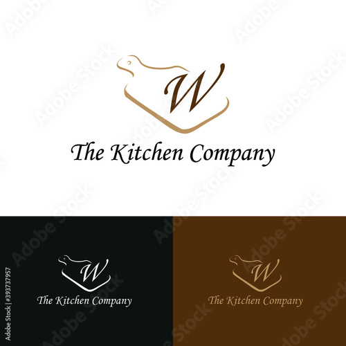 Kitchenware, Kitchen utensils business logo concept with cutting board and initial W letter template