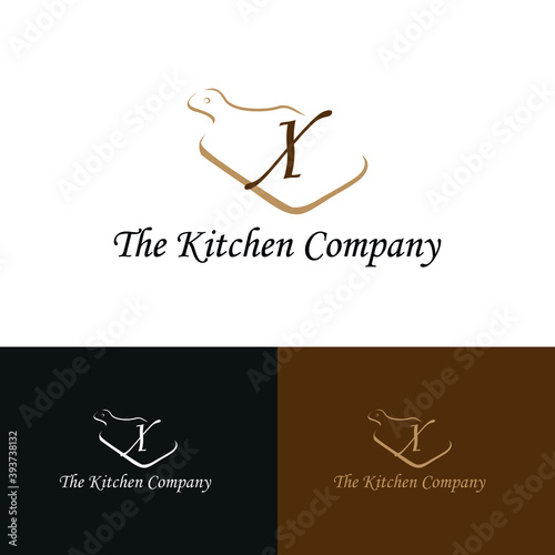 Kitchenware, Kitchen utensils business logo concept with cutting board and initial X letter template