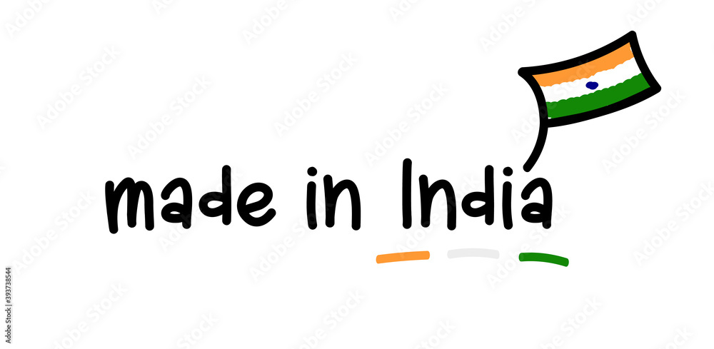 Made in India vector. Handwritten style, with scribbled cartoon flag.