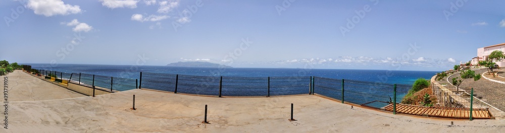 A clear view of the Atlantic Ocean as seen from the plaza of Presidio in Sao Filipe, Fogo, Cabo Verde