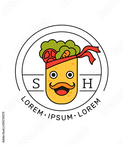 Doner kebab fast food restaurant logo template design. Vector icon cheerful character pita with vegetables smiling. Trendy hipster logo