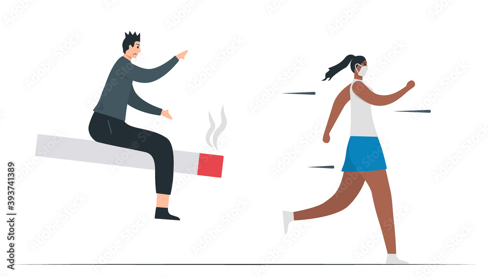 The woman is running from the smoking man. This illustration is designed in concept of passive smoking. Lung cancer awareness month, November. Flat vector illustration isolated on white background.