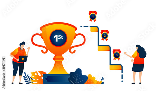 People get trophy medals for first, second, third place. Celebrating victory. Vector illustration concept can be use for landing page, template, ui ux, web, mobile app, poster, banner, website, flyer