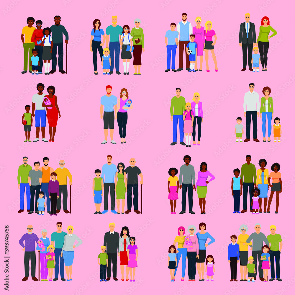 Family members groups flat icons set. Young couples and families with teenage children grandparents fathers and mothers flat isolated icons set vector illustration