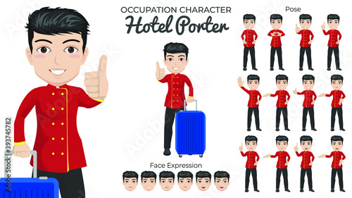 Male Hotel Porter Character Set with Variety of Pose and Face Expression