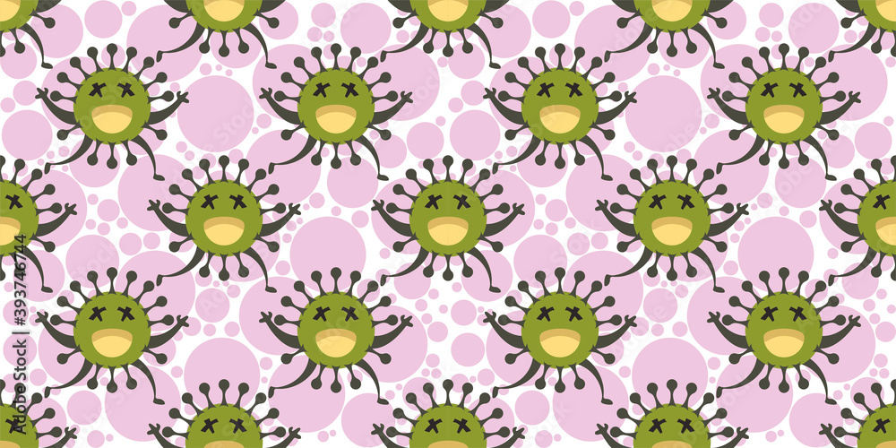 Seamless pattern of red cartoon germ in flat style design isolated on Colorful Random Scale Circles background. Bacteriology concept design. Vector illustration EPS10. Seamless pattern of red cartoon germ in flat style design isolated on Colorful Random Scale Circles background. Bacteriology concept design. Vector illustration EPS10.
