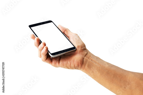 Hand holding white screen mobile phone isolated on white background with clipping path