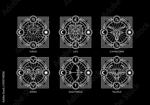 vintage thin line luxury horoscope zodiac astrology vector icon set collection