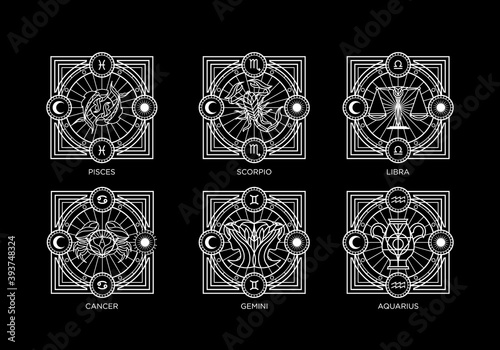 vintage thin line luxury horoscope zodiac astrology vector icon set collection