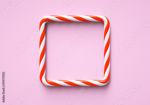 Classic red and white striped christmas candy color square frame on pink background. Frame with copy space for candy bar. 3D rendering and 3D illustration.