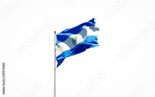 Beautiful national state flag of El Salvador on white background. Isolated close-up El Salvador flag 3D artwork.