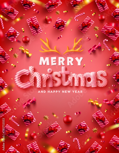 Vector of Merry Christmas & Happy New Year Promotion Poster or banner with many gift box and christmas element on red background for Retail,Shopping or Christmas Promotion in red and gold style.