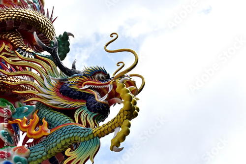Colorful Dragon Decoration with blue sky background at Chinese Temple, Thailand. © masterjew