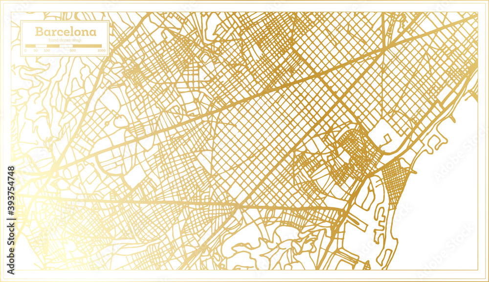 Barcelona Spain City Map in Retro Style in Golden Color. Outline Map.