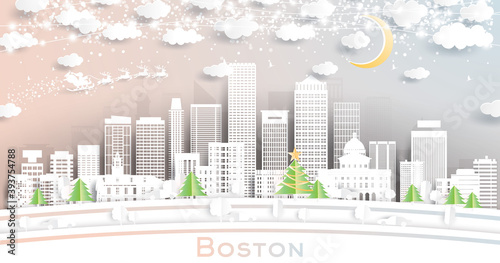 Boston Massachusetts USA City Skyline in Paper Cut Style with Snowflakes, Moon and Neon Garland.