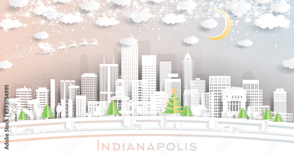 Indianapolis Indiana USA City Skyline in Paper Cut Style with Snowflakes, Moon and Neon Garland.