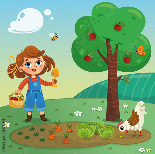 Fototapeta Naklejka Na Ścianę i Meble -  Little girl at the farm with the chicken. Vector illustration.