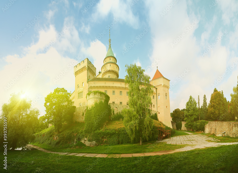Panoramic view of the Bojnice castle in Slovakia in summer.