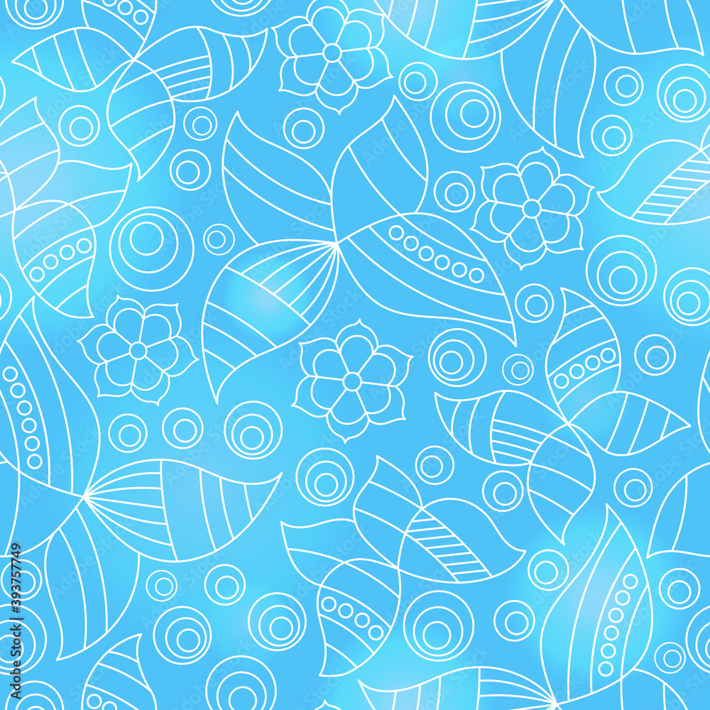 Naklejka premium Seamless pattern with contour stained glass butterflies and flowers, outline moths on a blue background