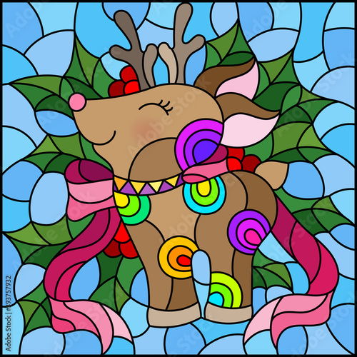 Illustration in stained glass style on the theme of the winter holidays of Christmas and New year, a toy deer on the background of Holly branches
