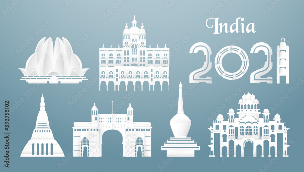 November 19, 2021: Sets of top famous landmark of India country for travel and tour. Vector illustration design in paper cut and craft style on blue background.