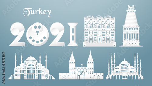 November 19, 2021: Sets of top famous landmark of Turkey country for travel and tour. Vector illustration design in paper cut and craft style on blue background.