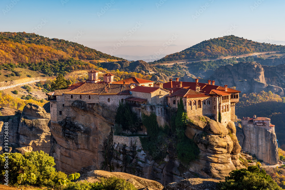 varlaam and Roussanou monastery, an unesco world heritage site,  located on a unique rock formation  above the village of Kalambaka during fall season.