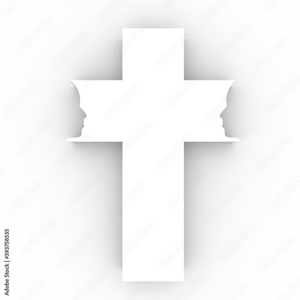 Christianity concept illustration. Cross with human head silhouettes. 3D rendering. Christianity concept illustration. Cross with human head silhouettes. 3D rendering.