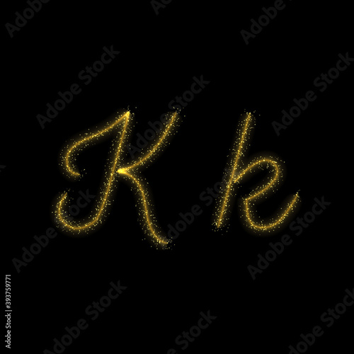 Gold glitter letter K, star sparkle trail font