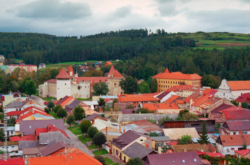 Panoramic view of the streets of Kezmarok in Slovakia. Real grain scanned film.