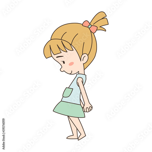 Cartoon cute shy cheerful little girl.