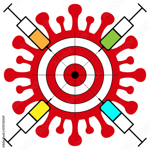 A target drawn on a coronavirus, at which syringes with a vaccine against the covid 19 virus are aimed