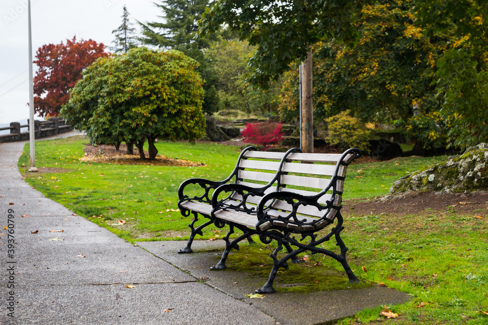 Wet bench in urban park in autumn environment and under rain Wet bench in urban park in autumn environment and under rain
