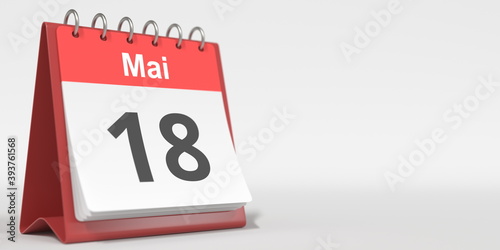 May 18 date written in French on the flip calendar page, 3d rendering