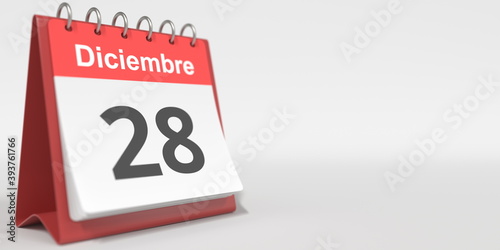 December 28 date written in Spanish on the flip calendar, 3d rendering