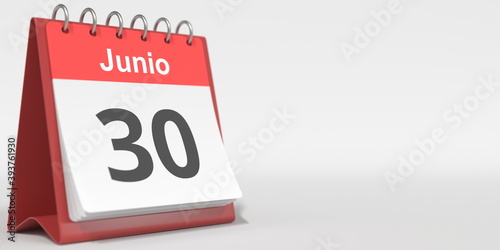 June 30 date written in Spanish on the flip calendar, 3d rendering