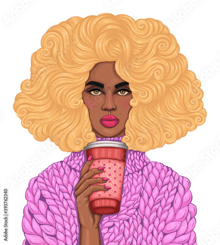 Vector African American woman with lush curly hairstyle. Yellow wavy hair. Fashion blonde model in a pink knitted sweater hold a travel thermo mug for take away hot drink coffee or tea. Coffee to go