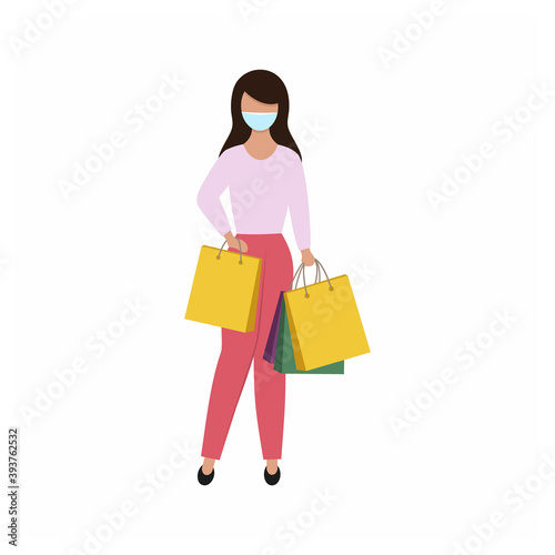 A girl in a medical mask stands with packages. The woman in the mask and the shopping bags. Vector flat character.