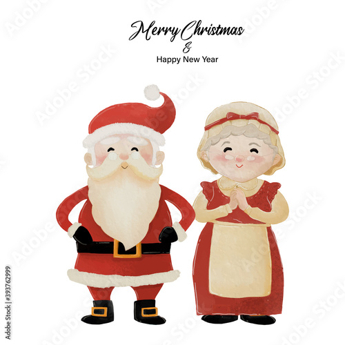 Merry Christmas and Happy New Year with Santa Claus and his wife Mrs. Claus standing together. Watercolor design on white background vector illustration