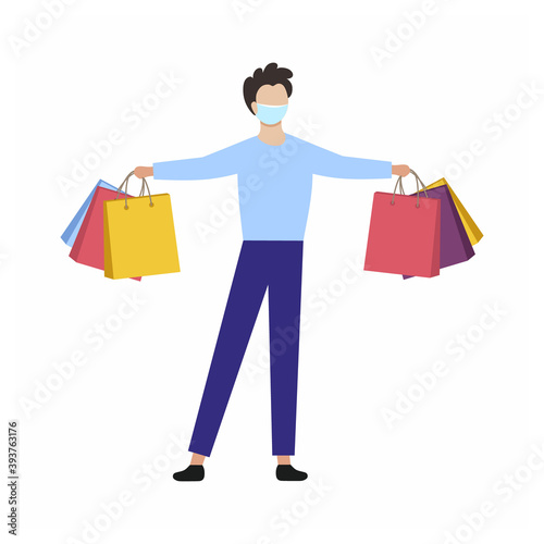 The man in the mask with the shopping bags. Vector character in a flat style. Precautions for covid19 coronavirus © Полина Екимова
