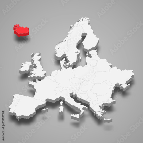Iceland country location within Europe 3d map