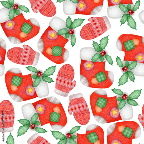 Christmas seamless watercolor pattern with hand drawn socks, mittens and holly isolated on white background. Illustration for print, card, invitation, wallpaper, fabric, home decor