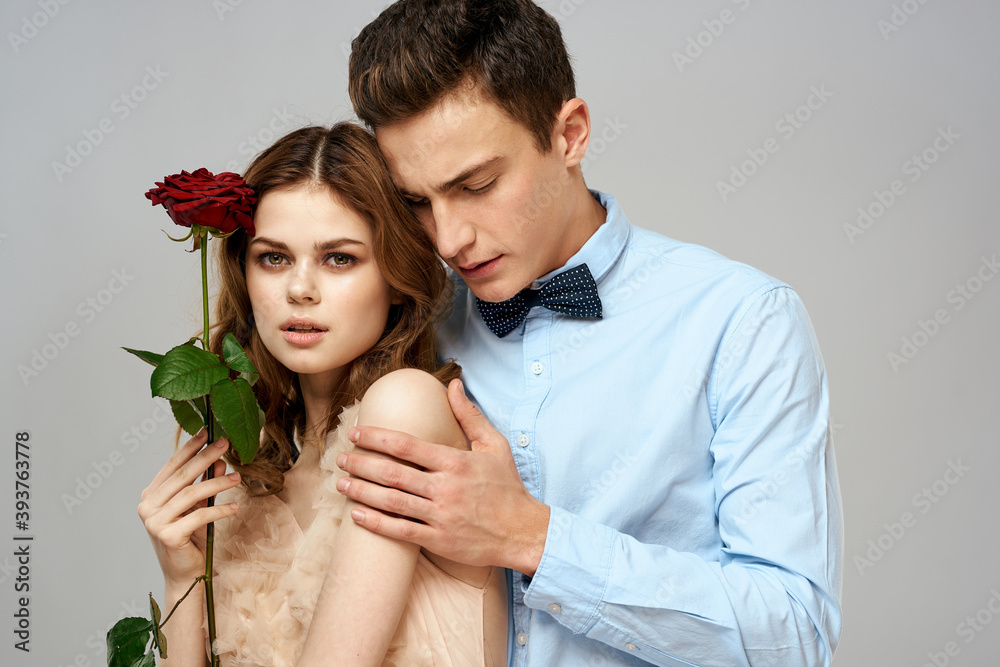 beautiful couple relationship rose gift as romance hug light background beautiful couple relationship rose gift as romance hug light background