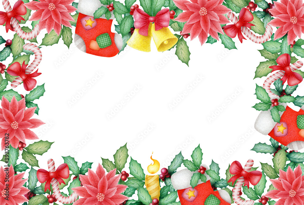 Watercolor Christmas illustration with hand drawn frame from holly and poinsettia isolated on white background. Christmas decoration design for invitation, poster, card, print Watercolor Christmas illustration with hand drawn frame from holly and poinsettia isolated on white background. Christmas decoration design for invitation, poster, card, print