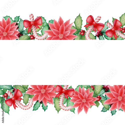 Merry Christmas watercolor illustration with hand drawn holly and poinsettia border isolated on white background. Christmas decoration design for invitation, posters, greeting card