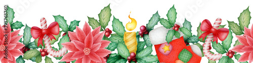 Merry Christmas watercolor illustration with hand drawn holly and poinsettia seamless border isolated on white background. Christmas decoration design for invitation, poster, card, print